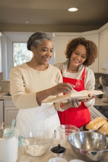 Mother and daughter baking in kitchen