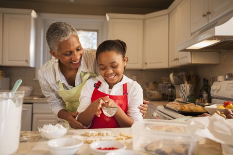 Woman and granddaughter baking in kitchen