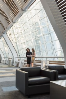 Caucasian businesswomen holding paperwork and talking
