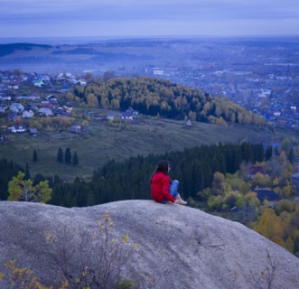 Caucasian girl admiring scenic view