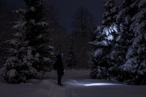 Caucasian hiker wearing headlamp in snowy forest