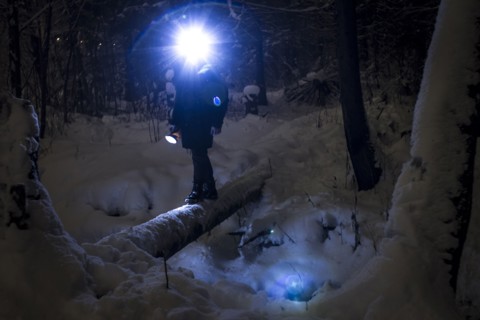 Caucasian hiker wearing headlamp balancing on forest log