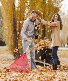 Caucasian couple raking autumn leaves