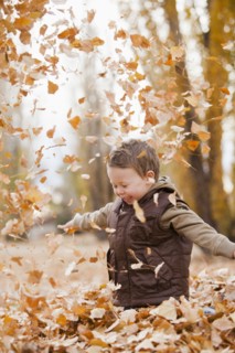 Caucasian boy playing in autumn leaves