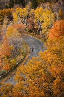 Caucasian woman running along autumn road