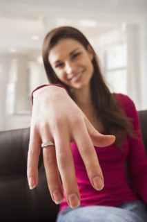 Caucasian woman displaying engagement ring