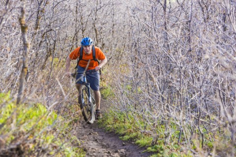 Caucasian man riding mountain bike in forest