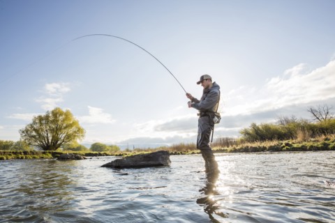 Caucasian man fly fishing in river