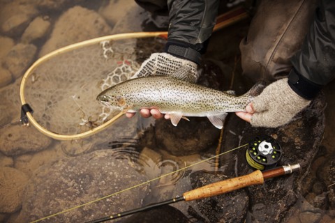 Caucasian man showing caught fish