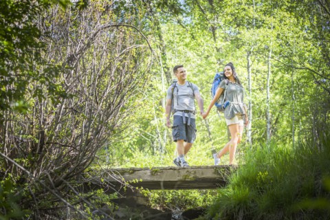 Couple carrying backpacks across bridge in woods