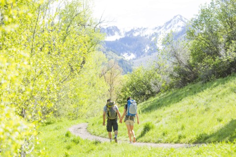Couple carrying backpacks hiking on path