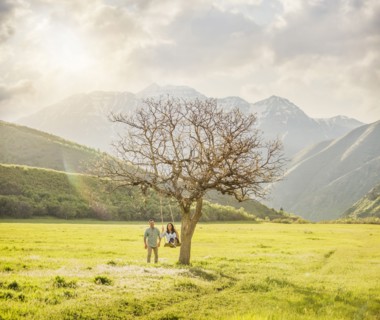 Man pushing woman swinging on tree swing