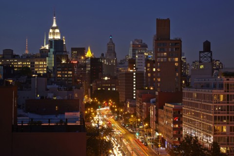 Skyline lit up at night