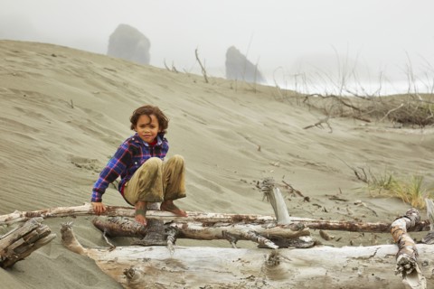 Mixed race boy crouching on driftwood on beach