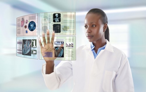 African American doctor using digital display