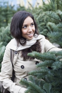 Middle Eastern woman looking at pine trees