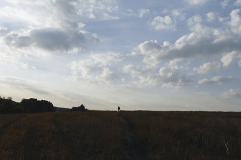 Distant Caucasian man in field under clouds