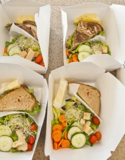Sliced vegetables and sandwiches in lunch boxes