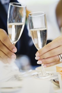 Multi-ethnic bride and groom toasting