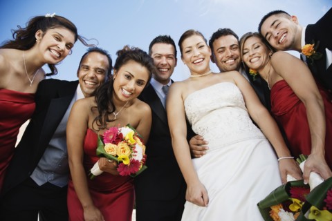 Low angle view of multi-ethnic bridal party