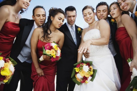 Low angle view of multi-ethnic bridal party