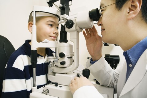 Asian male optometrist examining patient