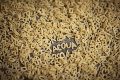 Alphabet noodles spelling acqua