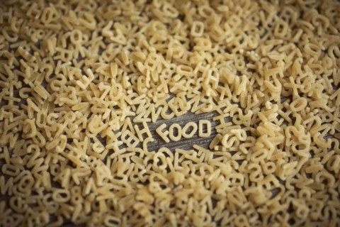 Alphabet noodles spelling food