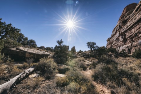 Sun in blue sky over desert