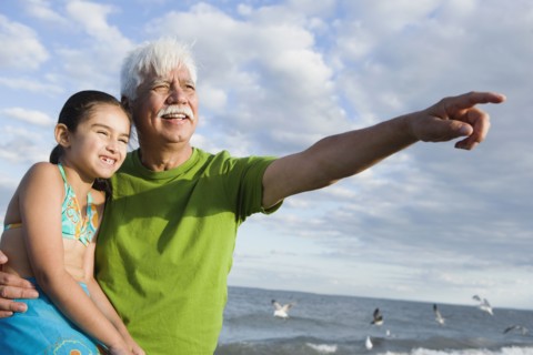 Hispanic grandfather with granddaughter pointing into the distance