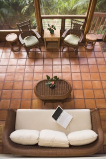 High angle view of empty livingroom with laptop on sofa