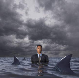 Hispanic businessman standing in water with sharks
