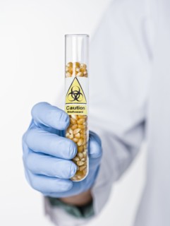 Hispanic scientist holding test tube with caution symbol containing
