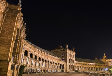 Ornate porticoed building at night