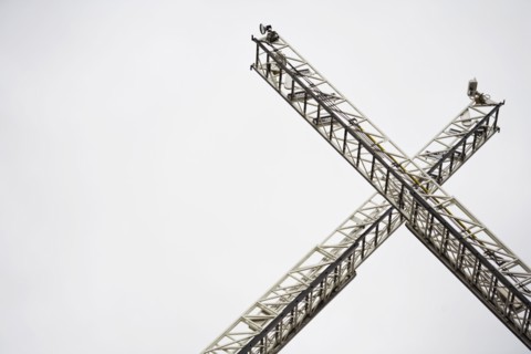 Low angle view of crane ladders