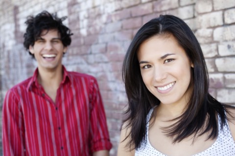 Smiling couple hugging