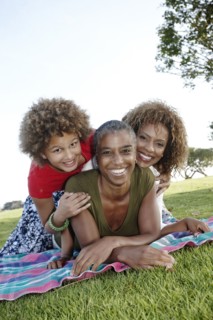 African American family laying in park