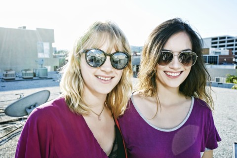 Women smiling on urban rooftop