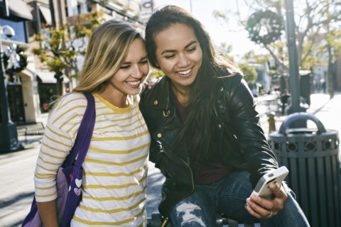 Women using cell phone outdoors