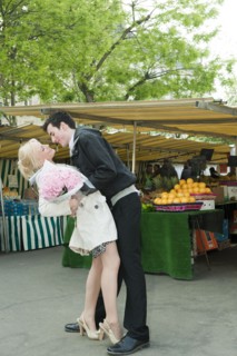 Romantic Caucasian couple at market