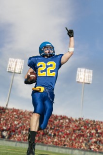 Caucasian football player running with ball