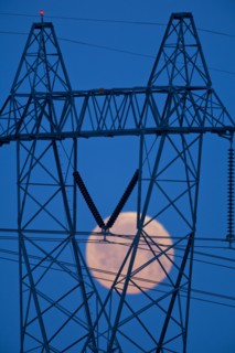 Moon viewed through power lines