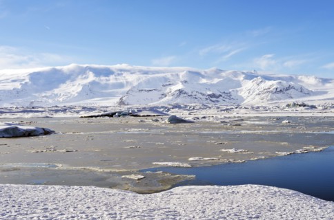 Snowy mountains in arctic landscape