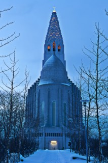 Monument overlooking snowy courtyard