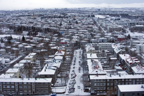 Aerial view of snowy cityscape