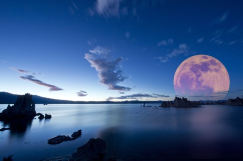 Moon over rock formation at Mono Lake