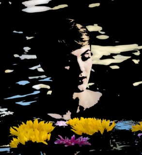 Illustration of woman in lake with flowers