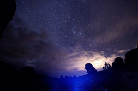 Illuminated rocks at night in Arches National Park