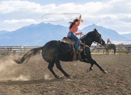 Caucasian woman using lasso on horse at rodeo