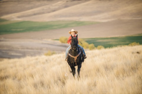 Caucasian boy riding horse in grassy field
